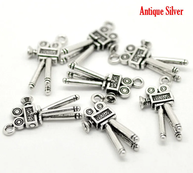 4   MOVIE CAMERA Silver Tone Metal Charm Pendants . Film Projector  29x13mm chs0669