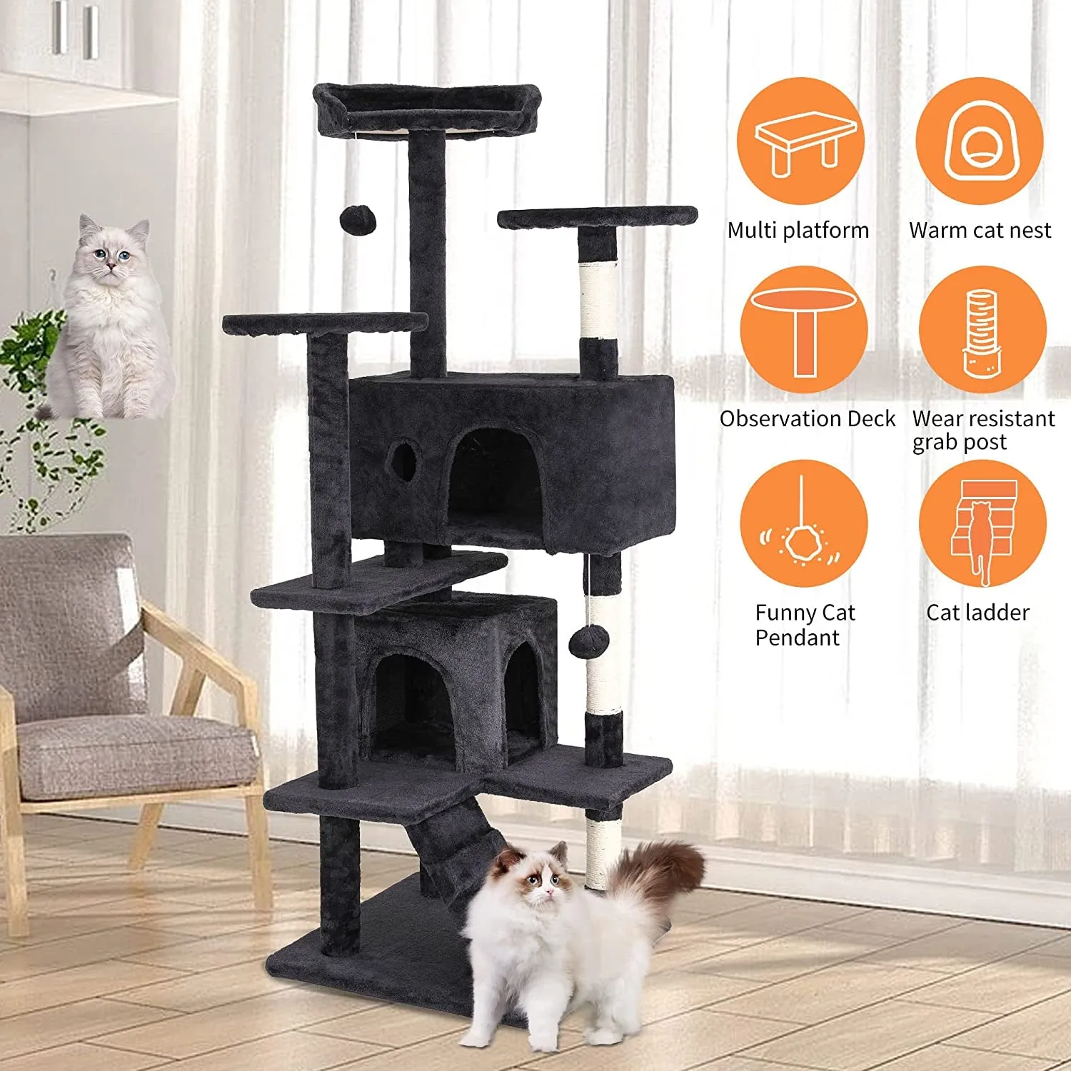 Bestpet 54In Cat Tree Tower for Indoor Cats,Multi-Level Furniture Activity Center with Scratching Posts Stand House Condo Funny Toys Kittens Pet Play House,Dark Gray