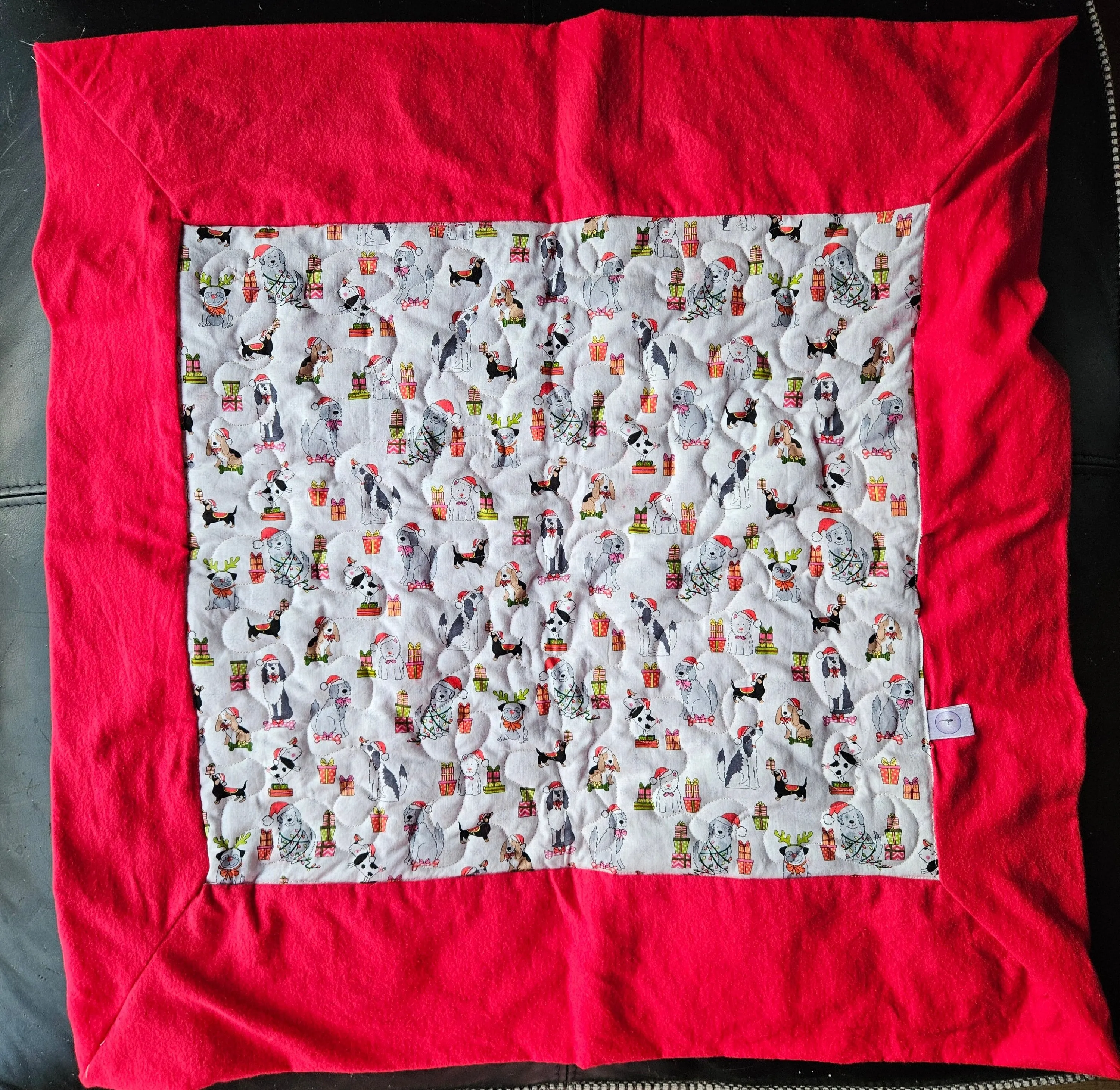 Christmas Dogs in Christmas Hats & Presents Pet blanket. Double sided, cotton print on one side, brushed cotton on the back. Handmade, soft, comfy.