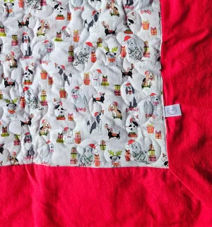 Christmas Dogs in Christmas Hats & Presents Pet blanket. Double sided, cotton print on one side, brushed cotton on the back. Handmade, soft, comfy.