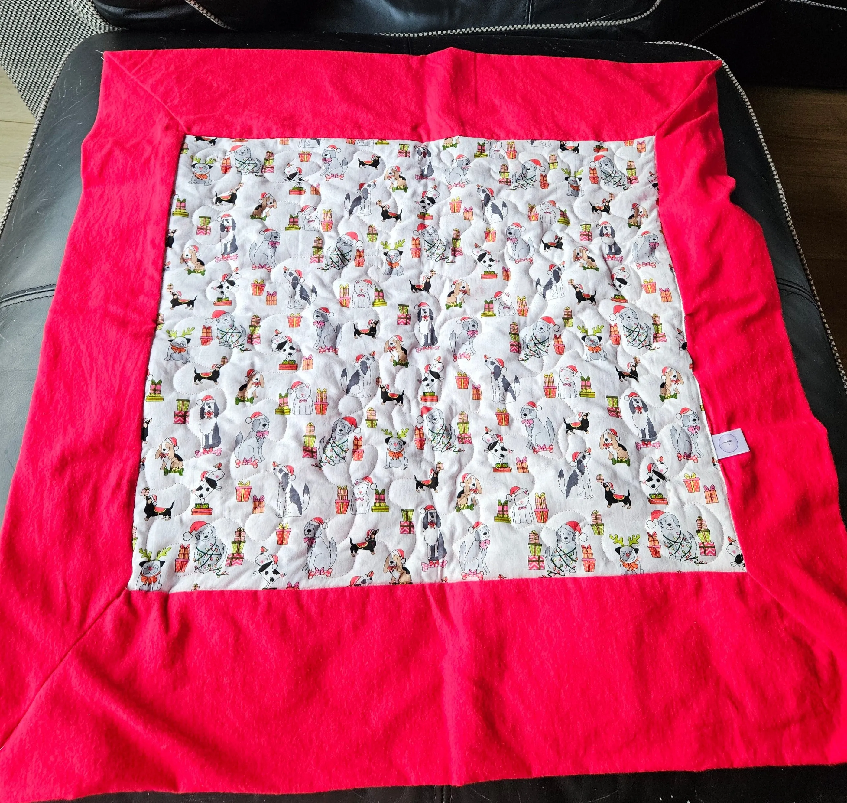 Christmas Dogs in Christmas Hats & Presents Pet blanket. Double sided, cotton print on one side, brushed cotton on the back. Handmade, soft, comfy.