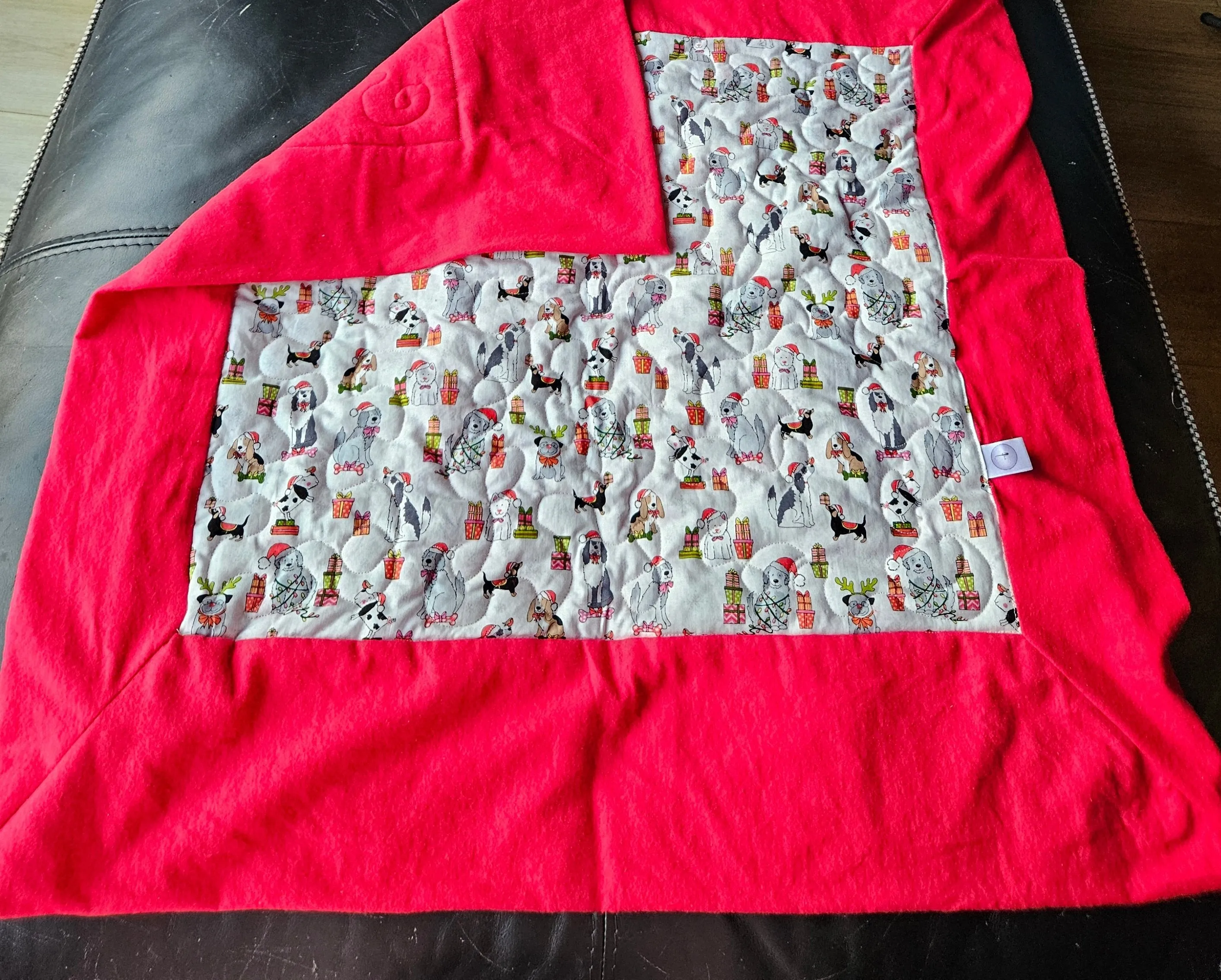 Christmas Dogs in Christmas Hats & Presents Pet blanket. Double sided, cotton print on one side, brushed cotton on the back. Handmade, soft, comfy.