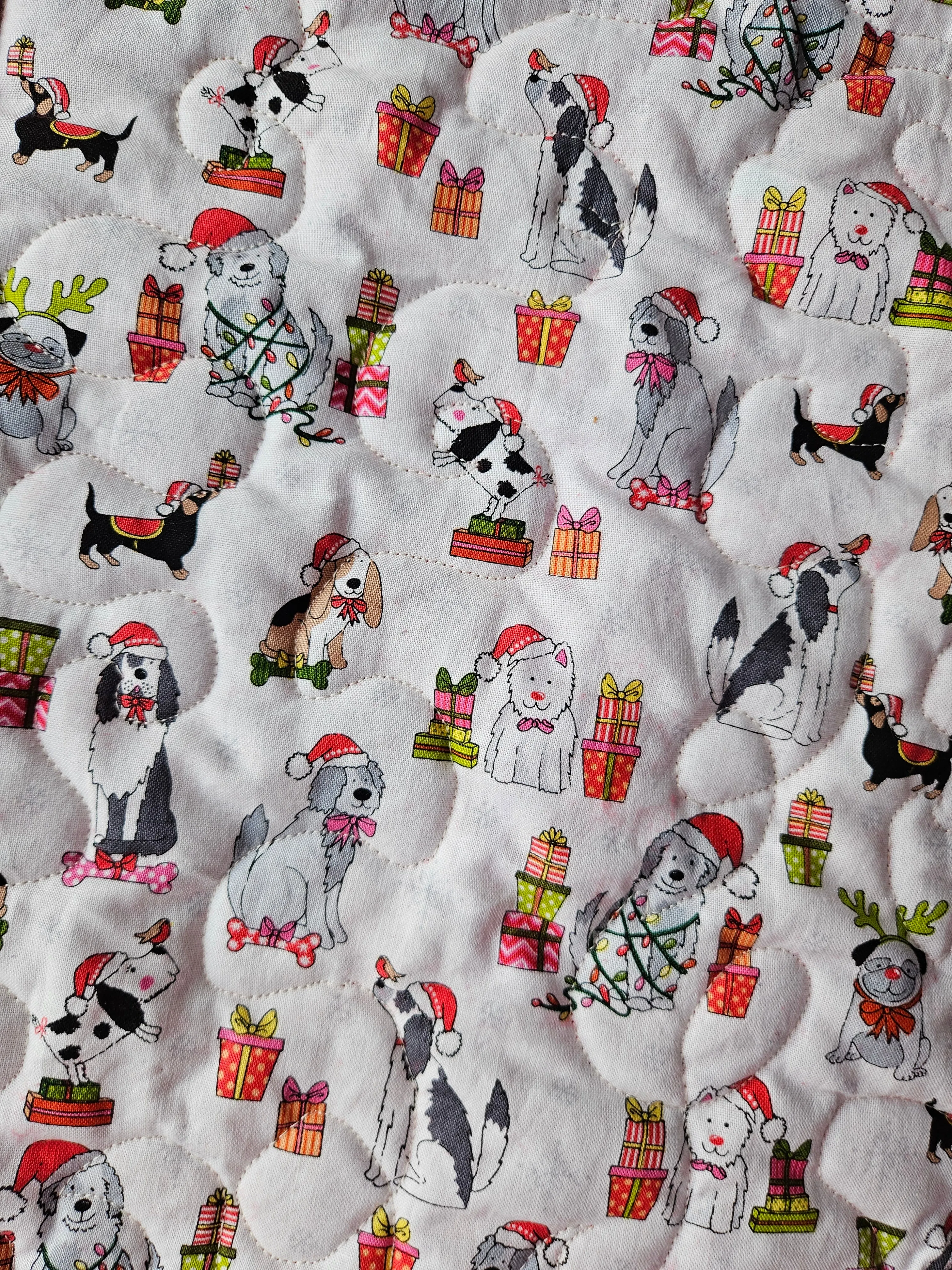 Christmas Dogs in Christmas Hats & Presents Pet blanket. Double sided, cotton print on one side, brushed cotton on the back. Handmade, soft, comfy.