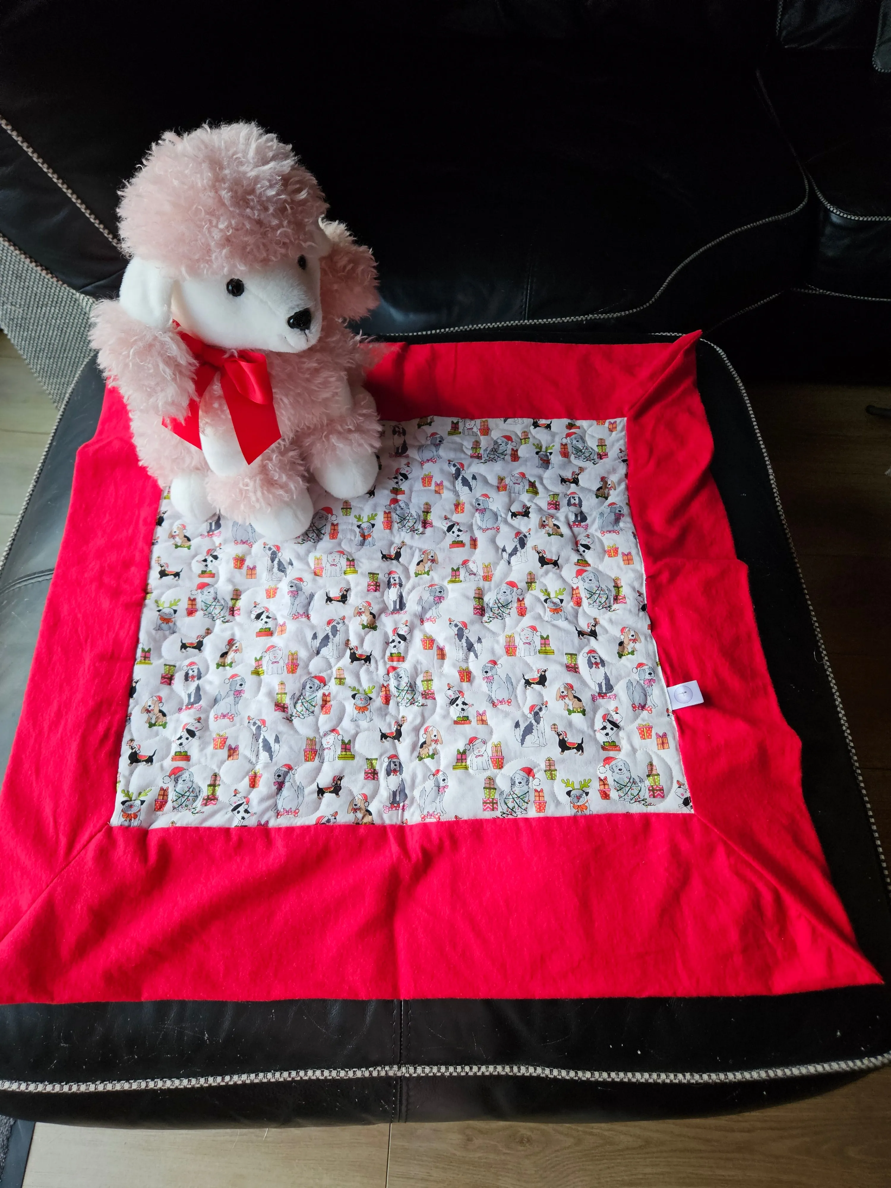 Christmas Dogs in Christmas Hats & Presents Pet blanket. Double sided, cotton print on one side, brushed cotton on the back. Handmade, soft, comfy.