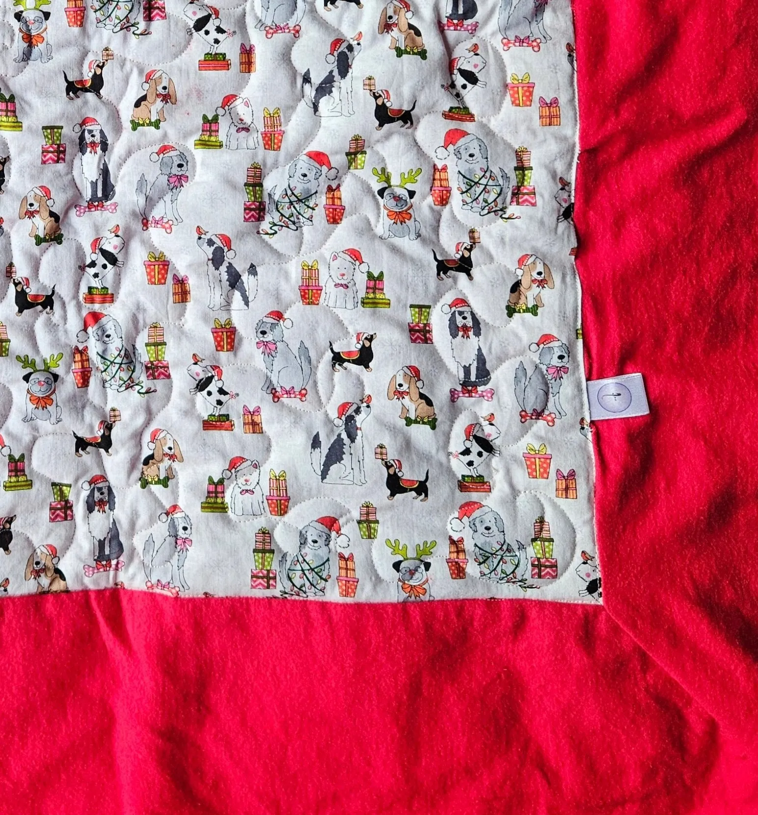 Christmas Dogs in Christmas Hats & Presents Pet blanket. Double sided, cotton print on one side, brushed cotton on the back. Handmade, soft, comfy.