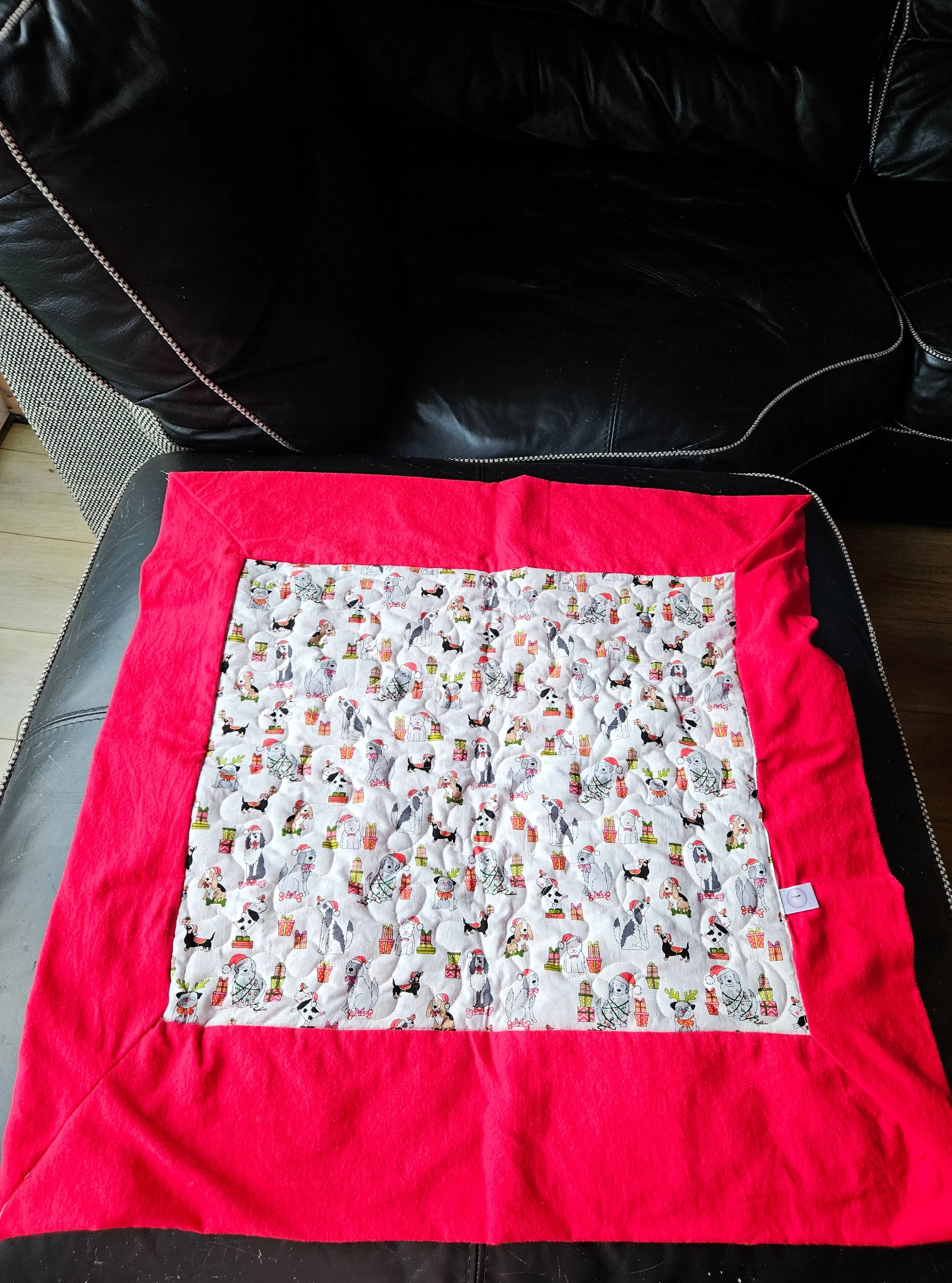 Christmas Dogs in Christmas Hats & Presents Pet blanket. Double sided, cotton print on one side, brushed cotton on the back. Handmade, soft, comfy.