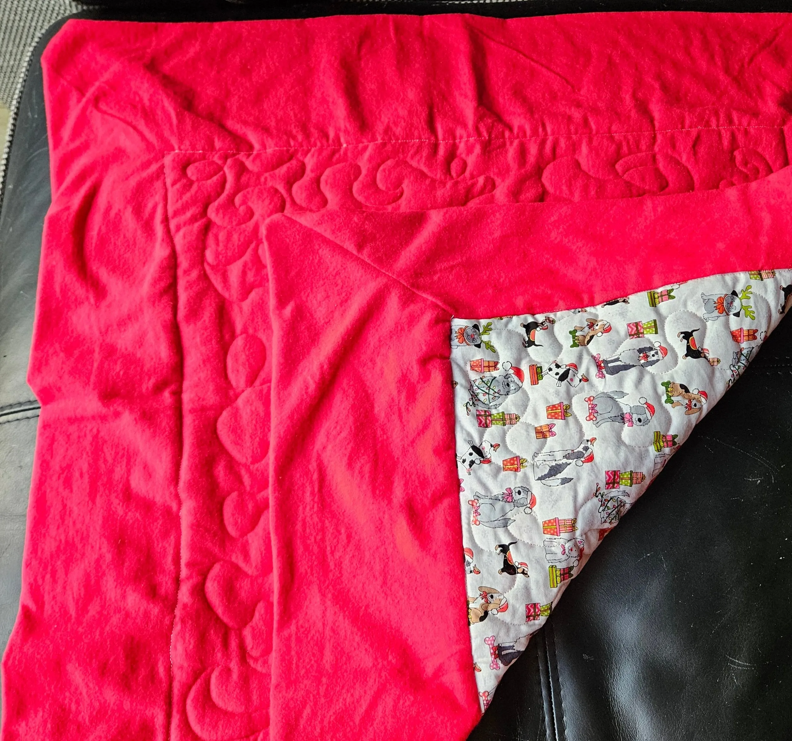 Christmas Dogs in Christmas Hats & Presents Pet blanket. Double sided, cotton print on one side, brushed cotton on the back. Handmade, soft, comfy.