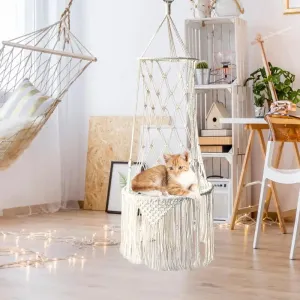 Handwoven Macrame Pet Hanging Hammock Bed Cat Cage Swing Hanging Beds Handcraft Tassel Nest Mat Bed Tapestry Cat Accessories