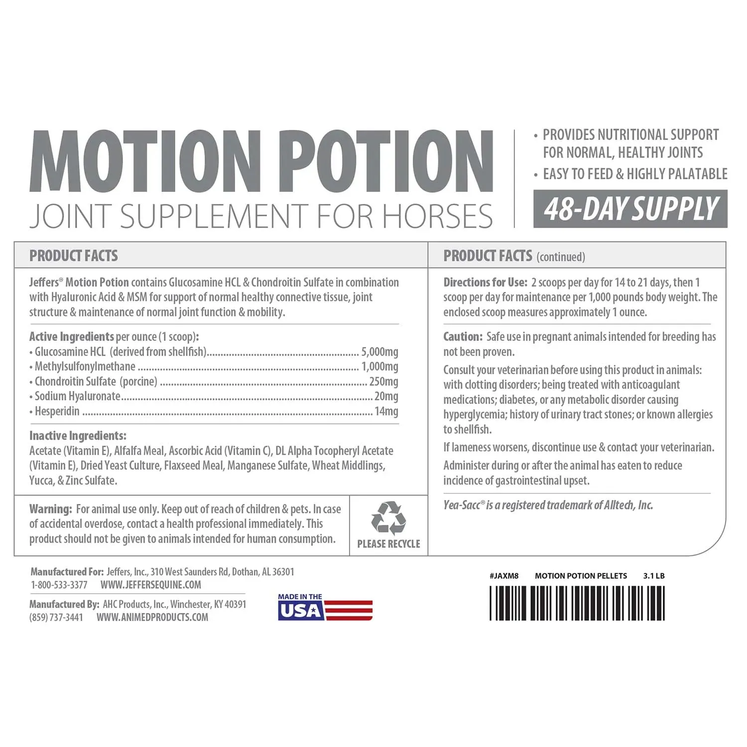 Jeffers Motion Potion Pellets Joint Supplement for Horses